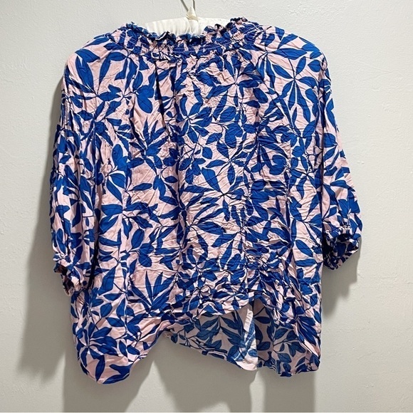 ELOQUII Women’s Plus DON’T STOP BELEAFIN’ Pink Blue Floral Smocked Neck Top 18 - Picture 3 of 10